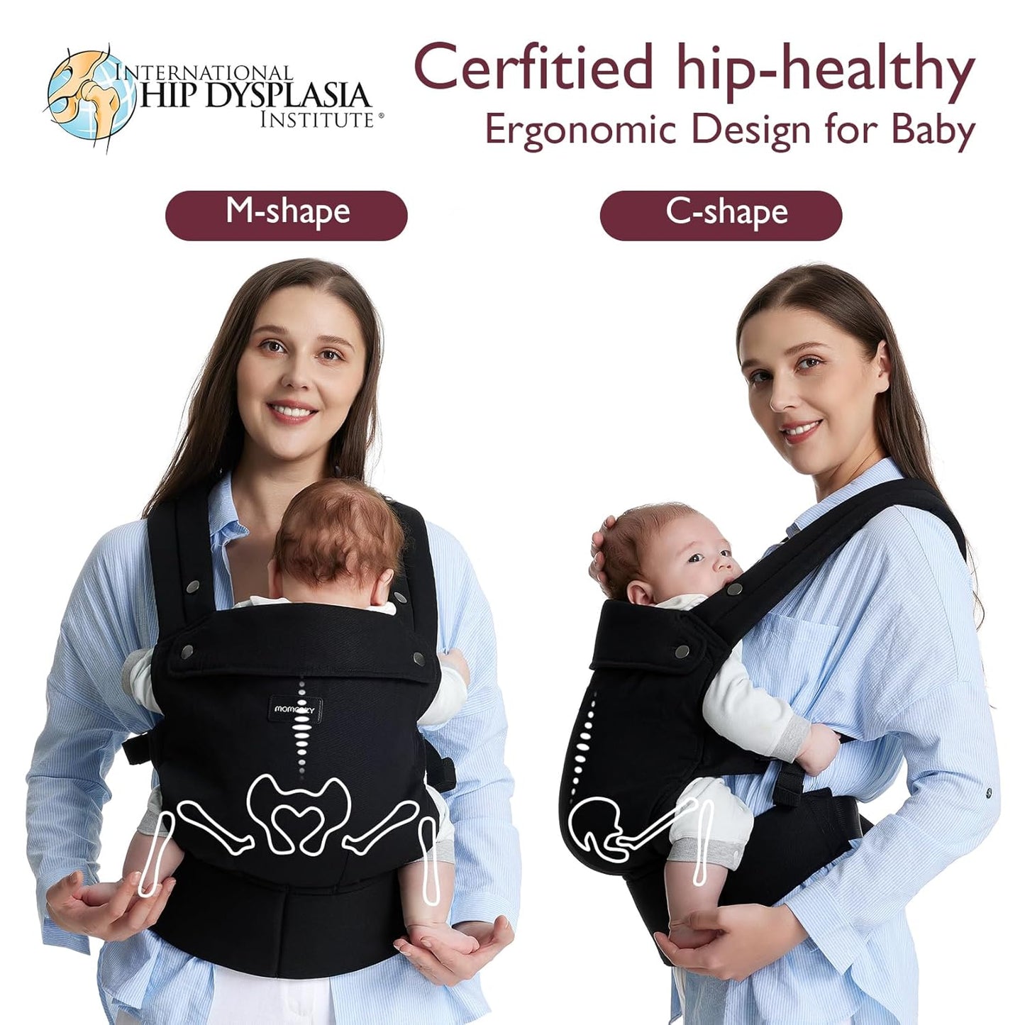 Image displaying a baby in a baby carrier and text about it's deetalis 