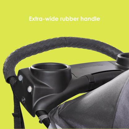 Image displaying a jogging stroller with text about it’s details