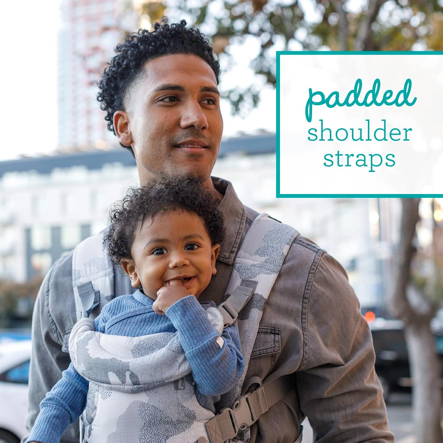 Image displaying a baby in a baby carrier and text about it's deetalis 