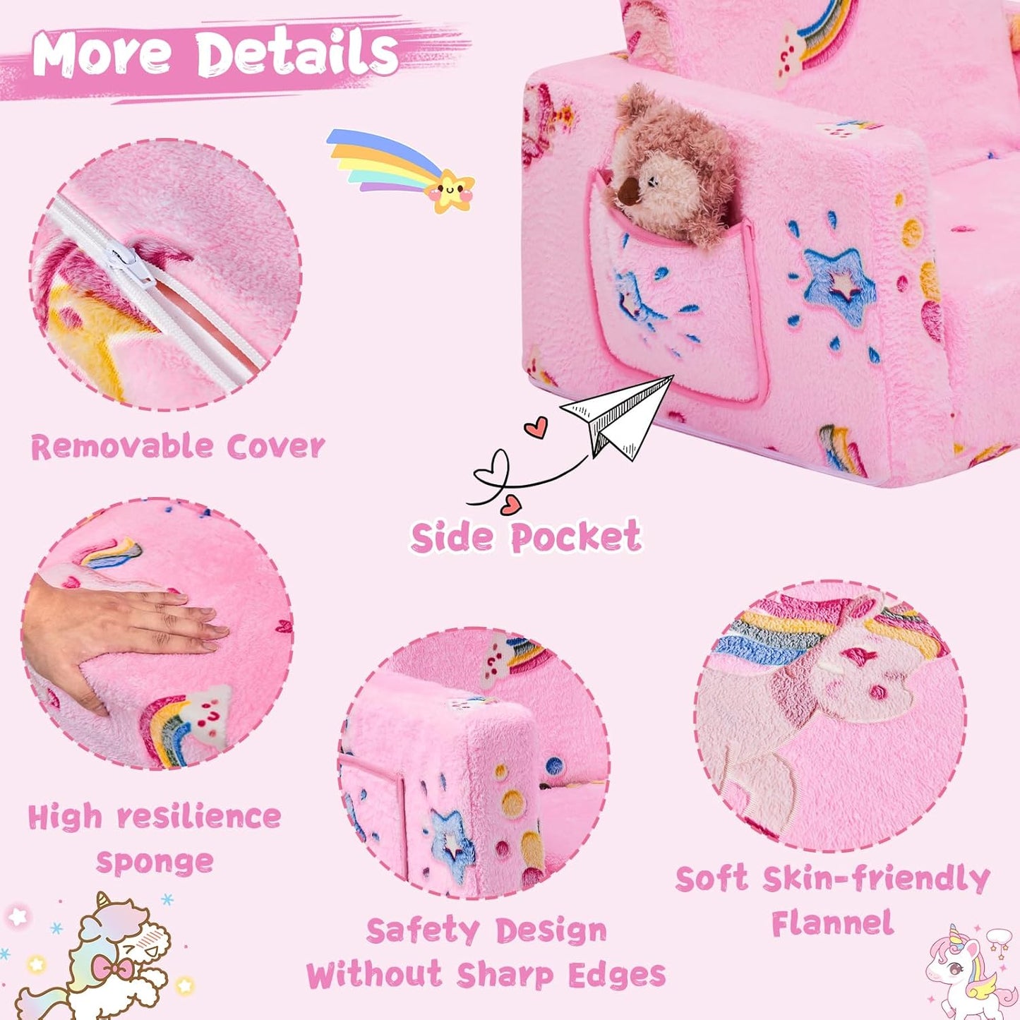 Image displaying a soft modular play furniture and text about it's details