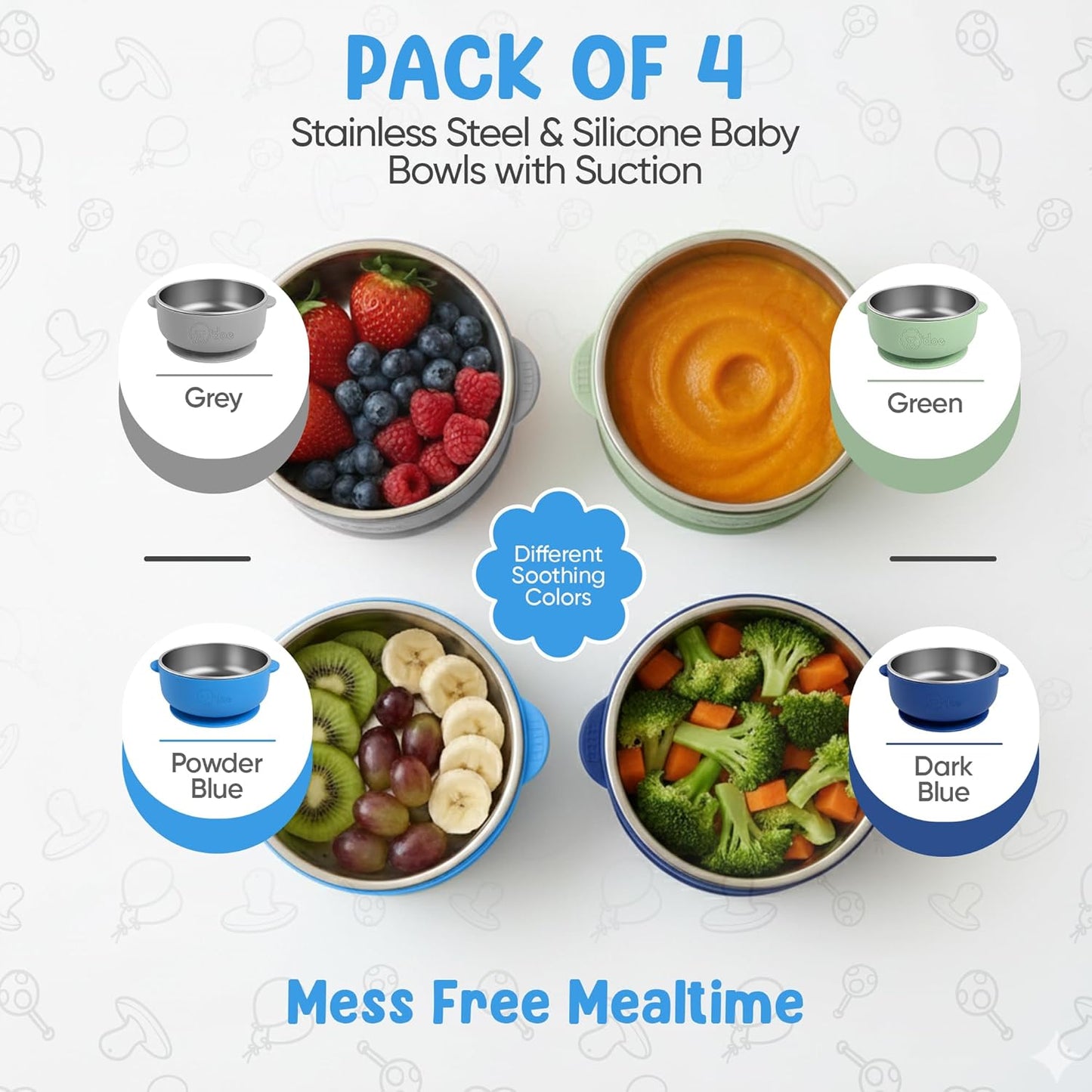 Set of BPA-free baby suction bowls made from stainless steel and food-grade silicone, ideal for toddlers and babies.