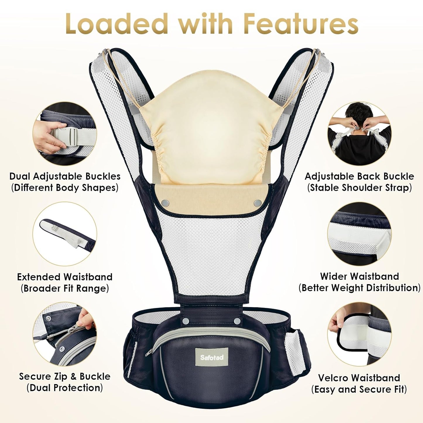 Image displaying a baby carrier and text about it's details