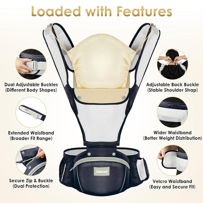 Image displaying a baby carrier and text about it's details