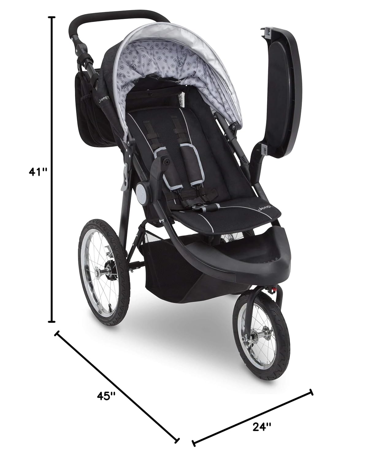 Image displaying a jogging stroller with text about it’s details