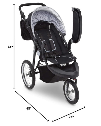 Image displaying a jogging stroller with text about it’s details