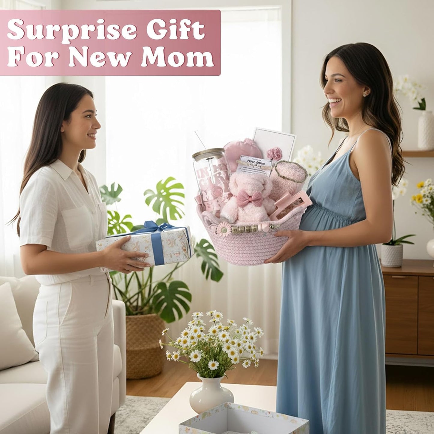 Image displaying women holding gift set for new moms and text on top left