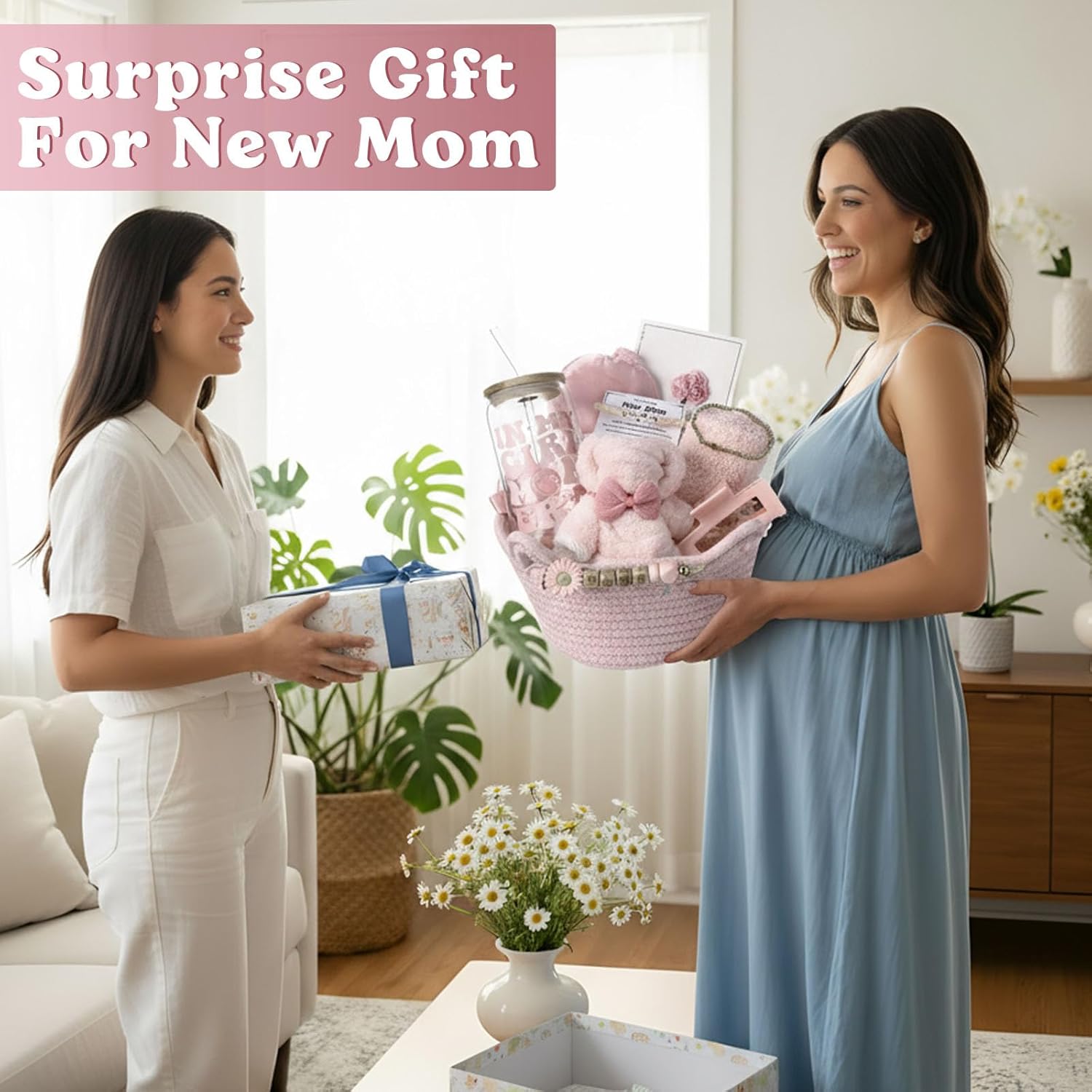 Image displaying women holding gift set for new moms and text on top left