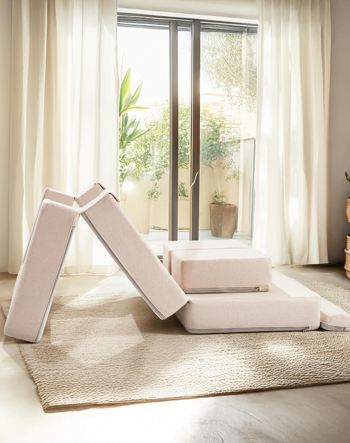 Soft modular play furniture for children, ideal for imaginative play, relaxing, and flexible indoor activities