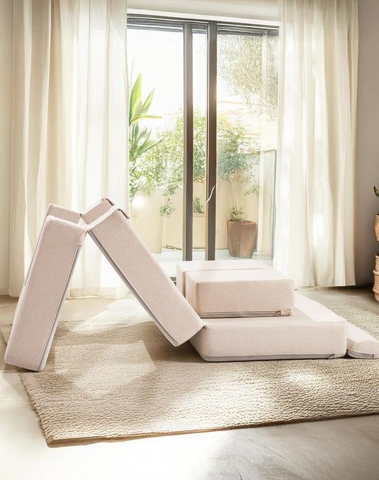 Soft modular play furniture for children, ideal for imaginative play, relaxing, and flexible indoor activities