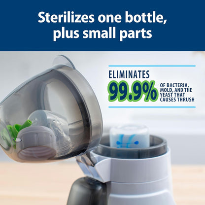 Image displaying a baby bottle warmer/sterilizer and text about it's details