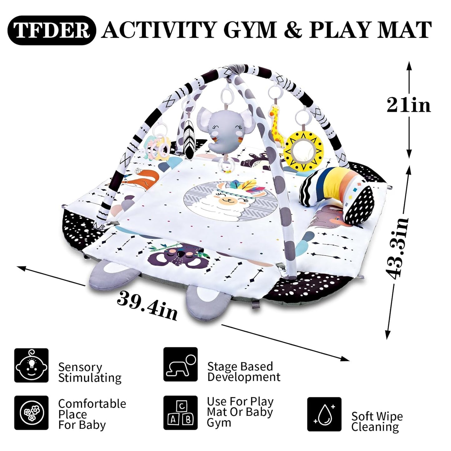 Image displaying text about details of a baby activity playing set and it's dimensions