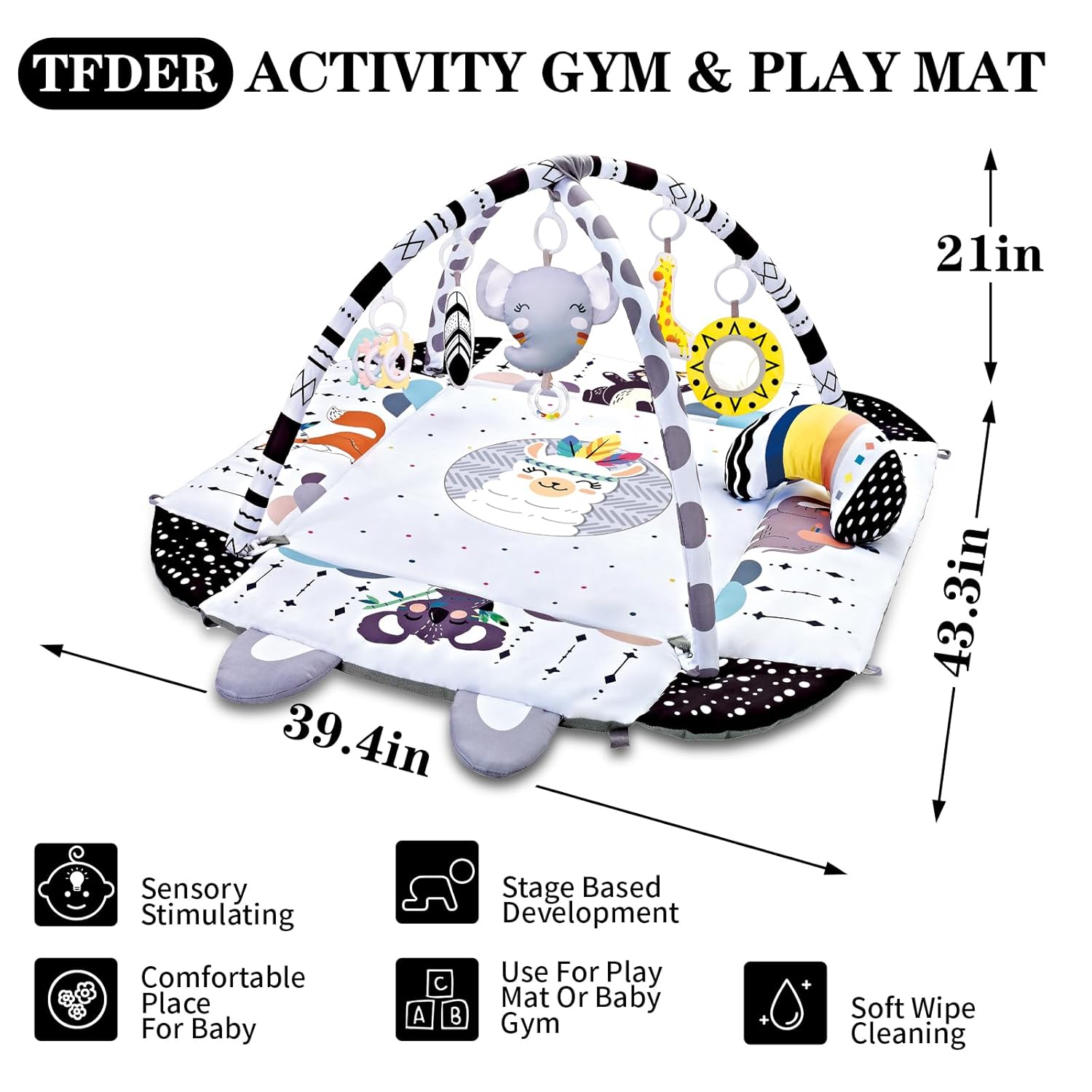 Image displaying text about details of a baby activity playing set and it's dimensions