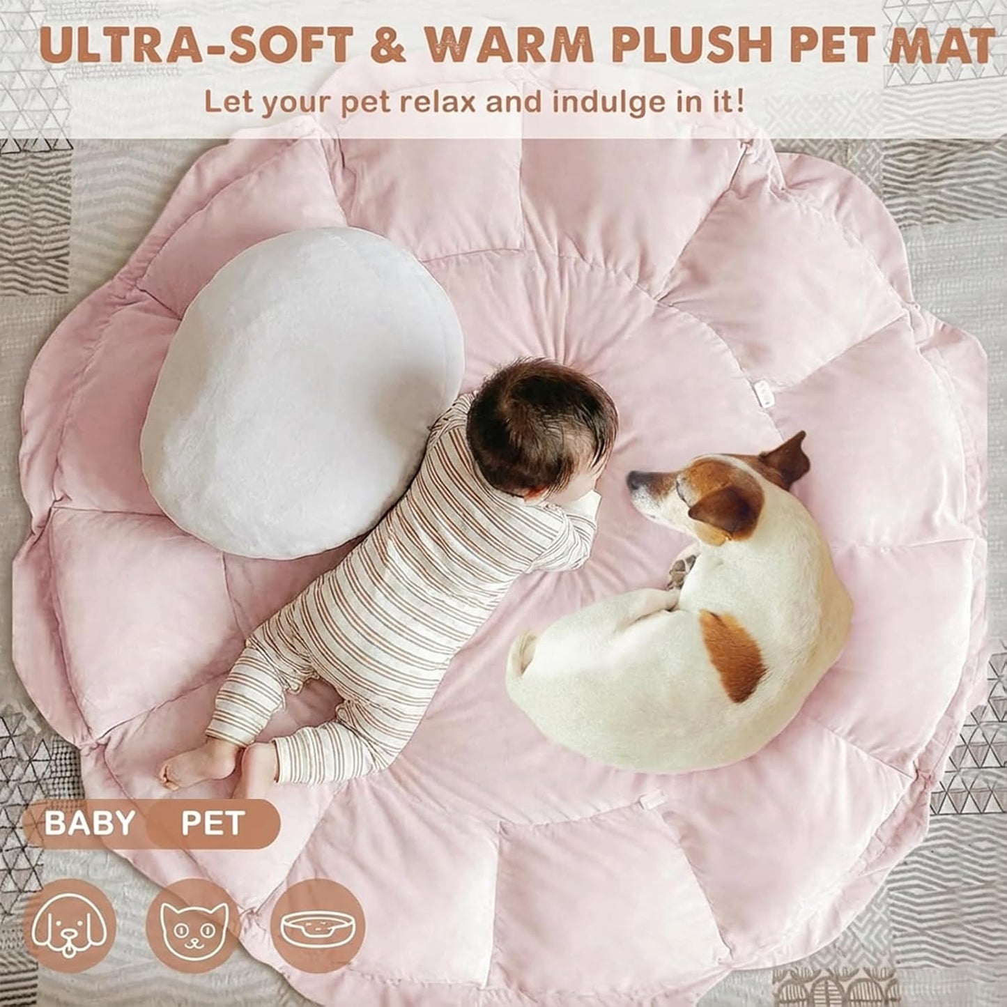 Image displaying a baby with a Baby activity play set and text about it's details