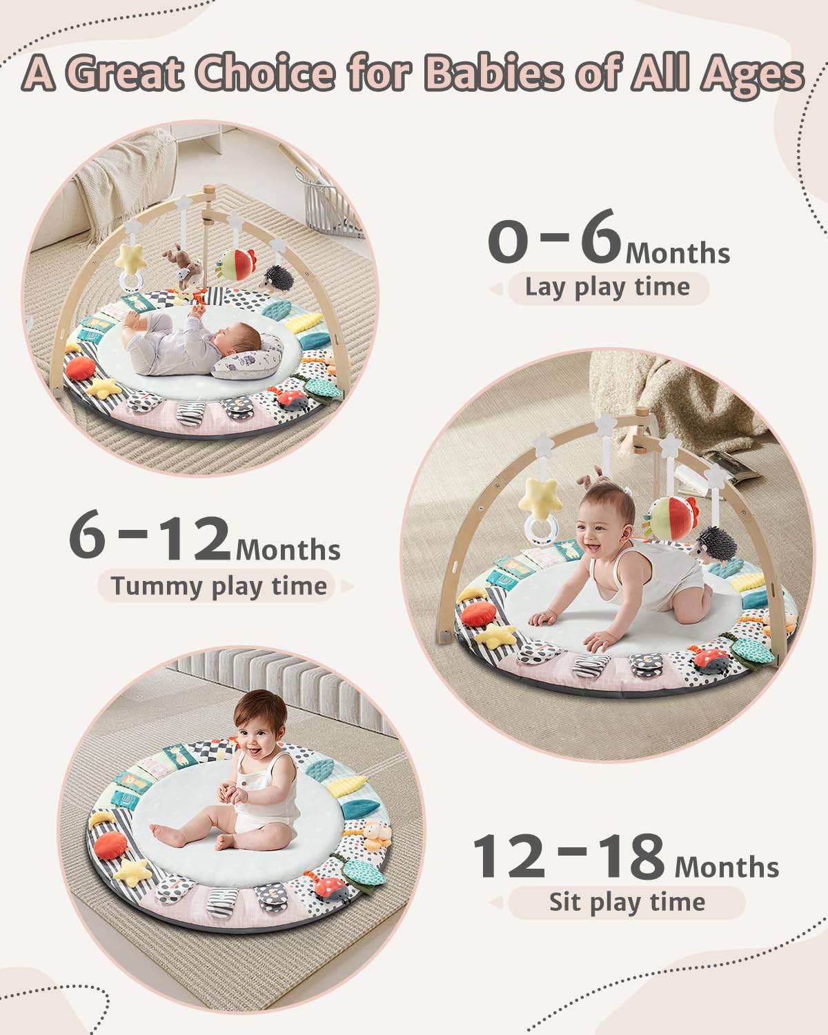 Image displaying a baby with a Baby activity play set and text about it's details