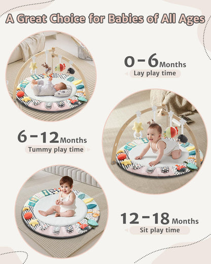 Image displaying a baby with a Baby activity play set and text about it's details