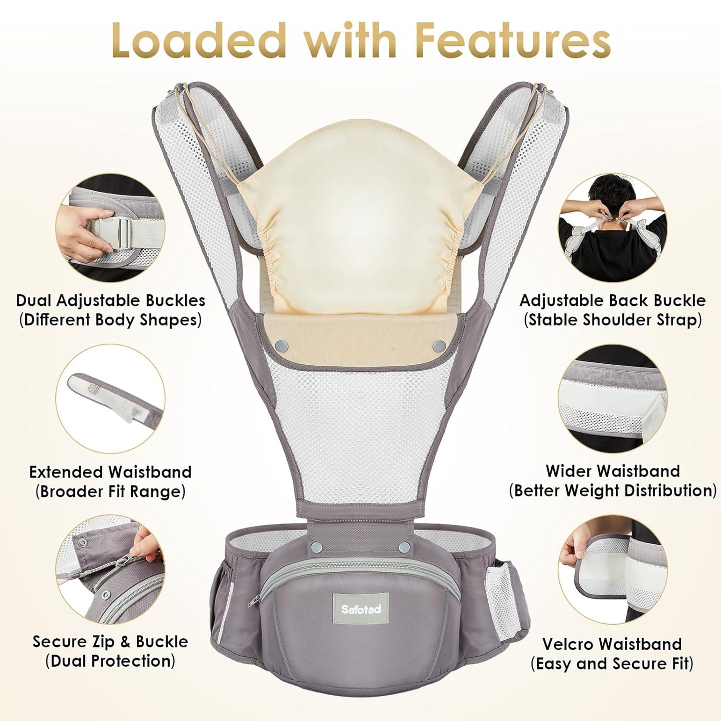 Image displaying a baby carrier and text about it's details
