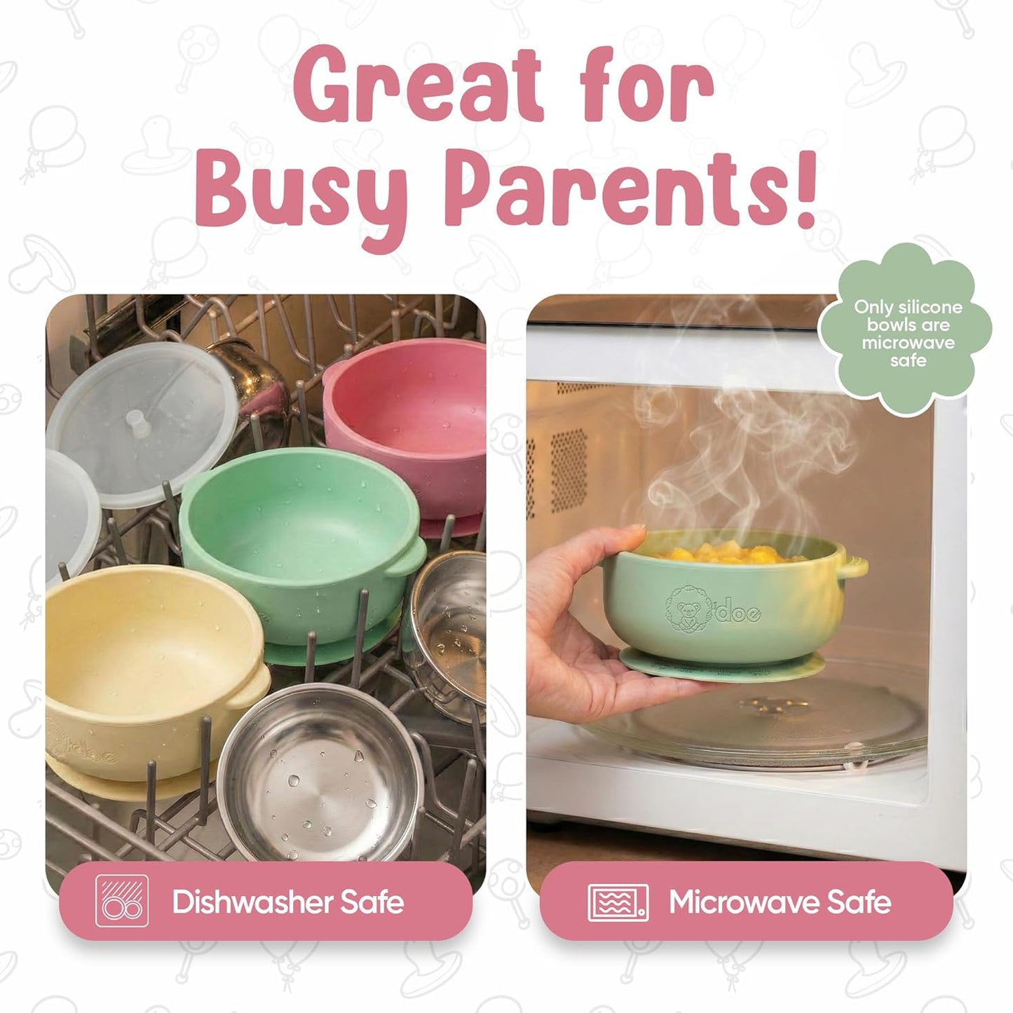 Set of BPA-free baby suction bowls made from stainless steel and food-grade silicone, ideal for toddlers and babies.