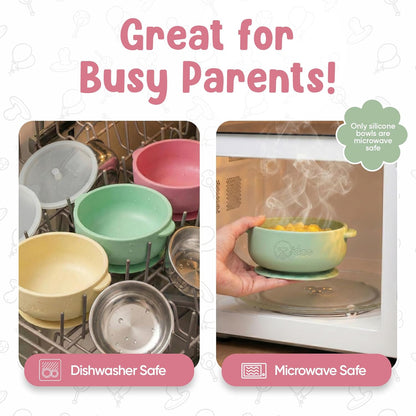 Set of BPA-free baby suction bowls made from stainless steel and food-grade silicone, ideal for toddlers and babies.