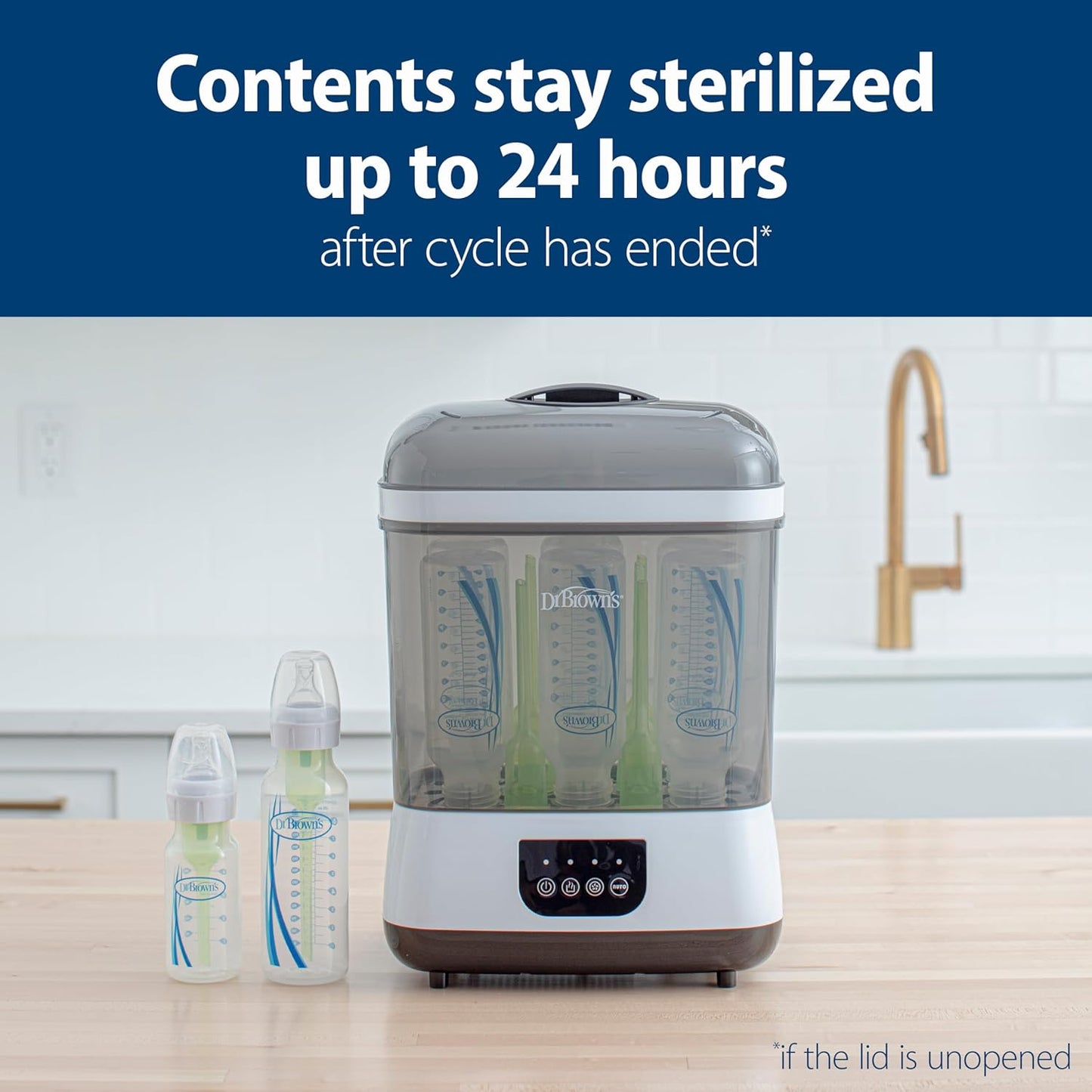 Image displaying a baby bottle sterilizer with text about it's details