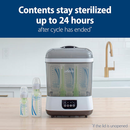 Image displaying a baby bottle sterilizer with text about it's details