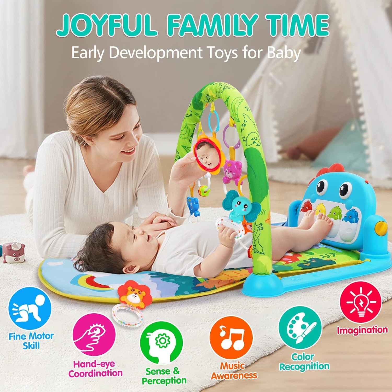 Image displaying a baby with a Baby activity play set and text about it's details