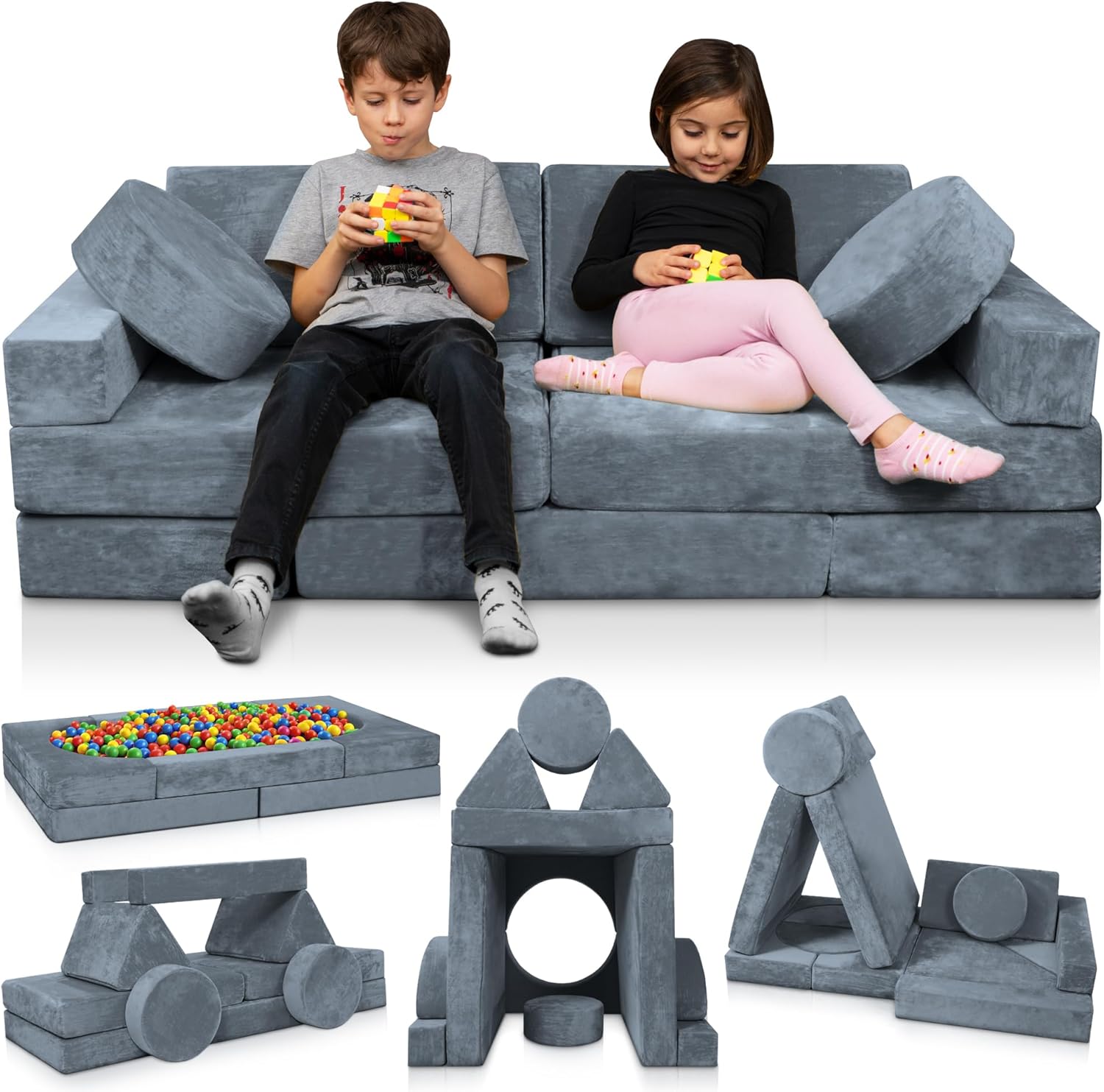 Soft modular play furniture for children, ideal for imaginative play, relaxing, and flexible indoor activities