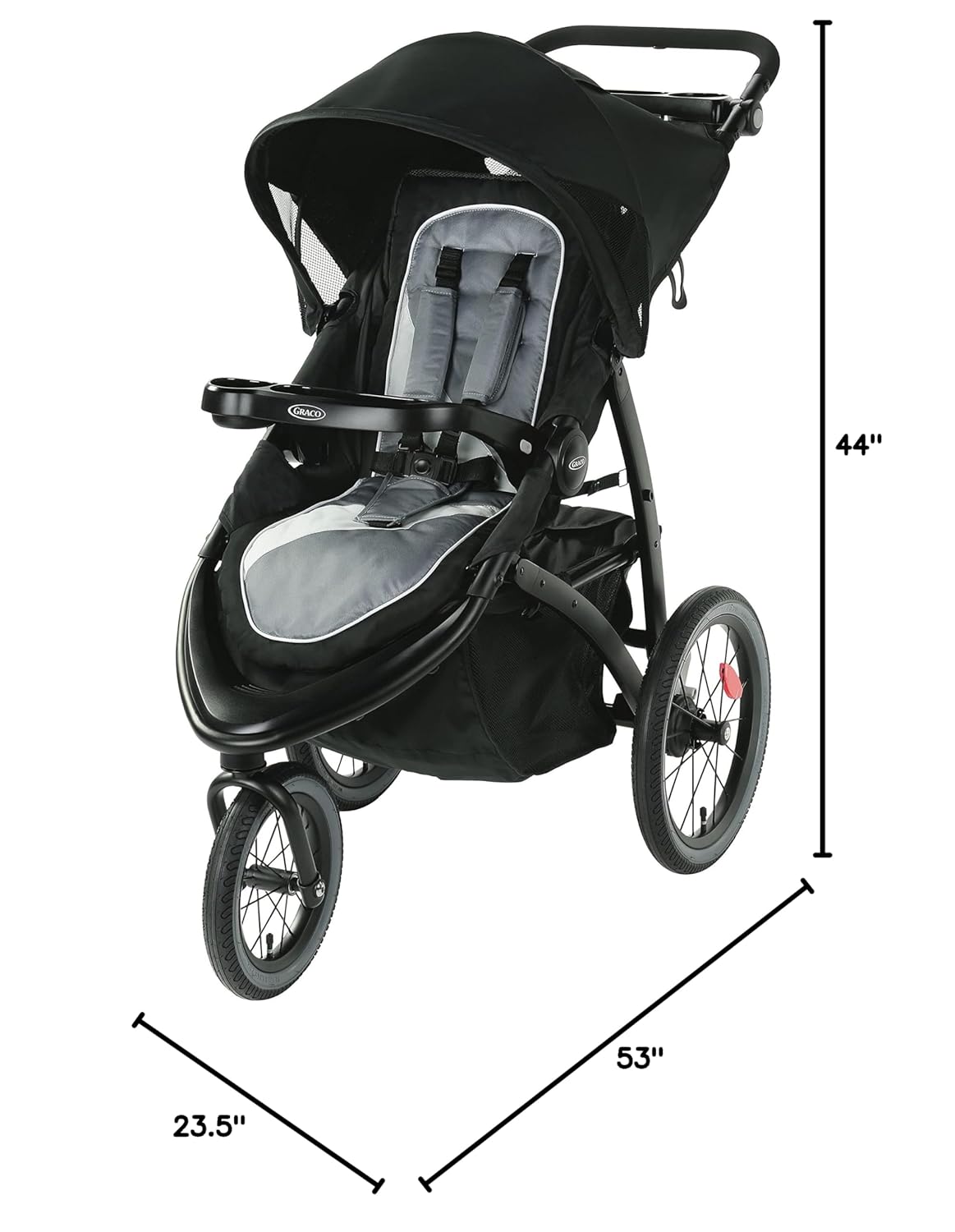 Image displaying a jogging stroller and it's dimensions