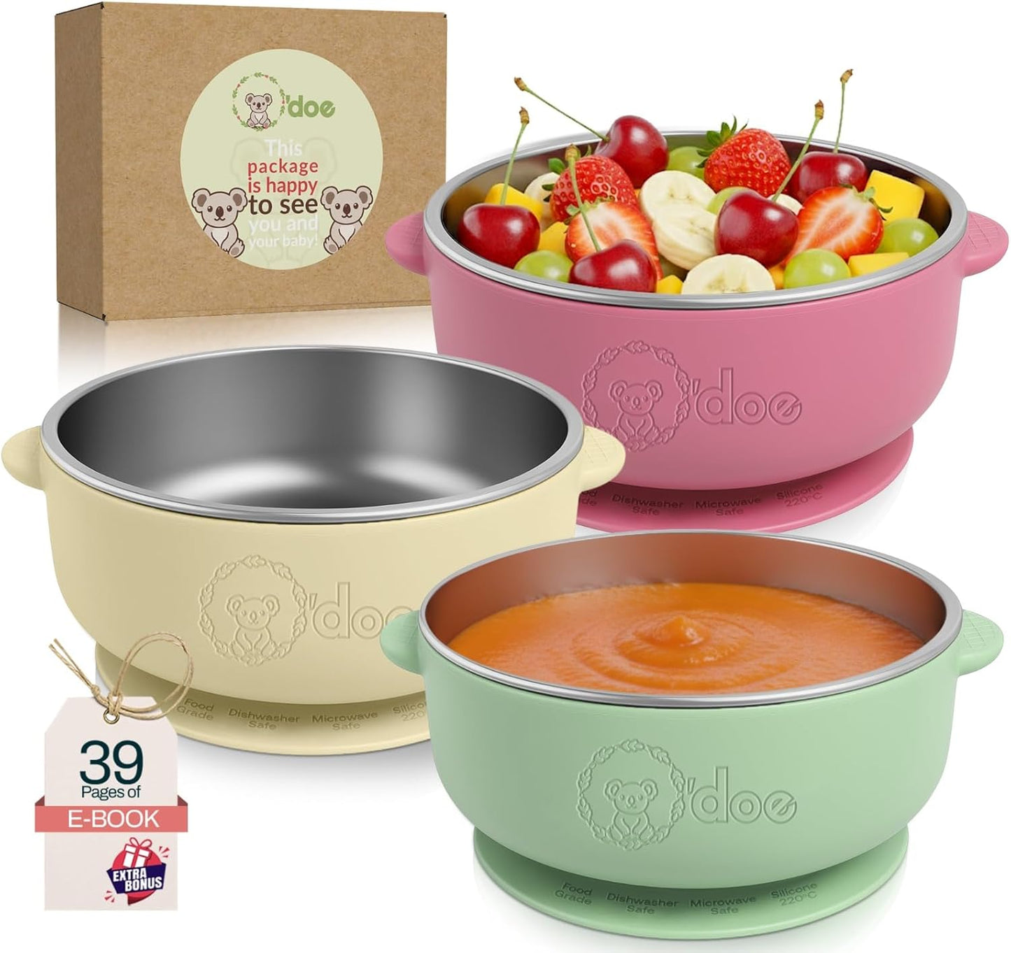 Set of BPA-free baby suction bowls made from stainless steel and food-grade silicone, ideal for toddlers and babies.