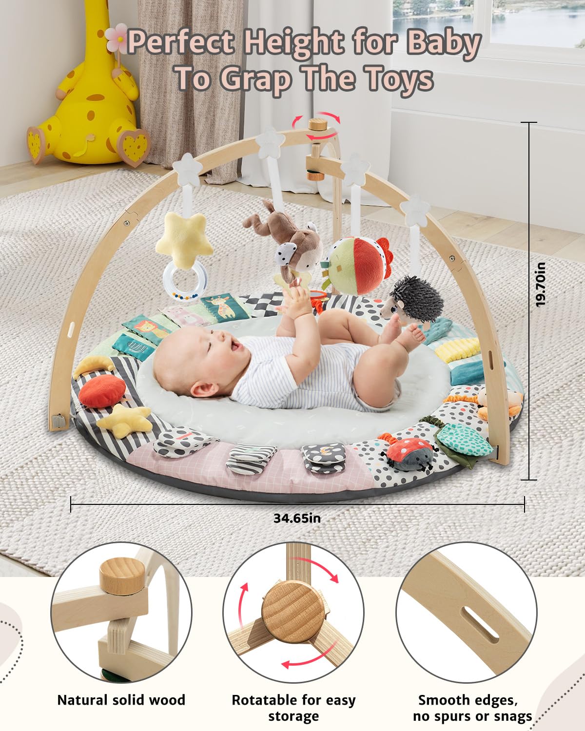 Image displaying a baby with a baby activity playing set and it's dimensions