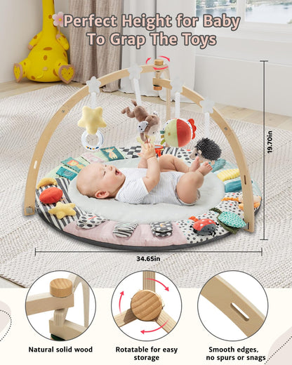 Image displaying a baby with a baby activity playing set and it's dimensions
