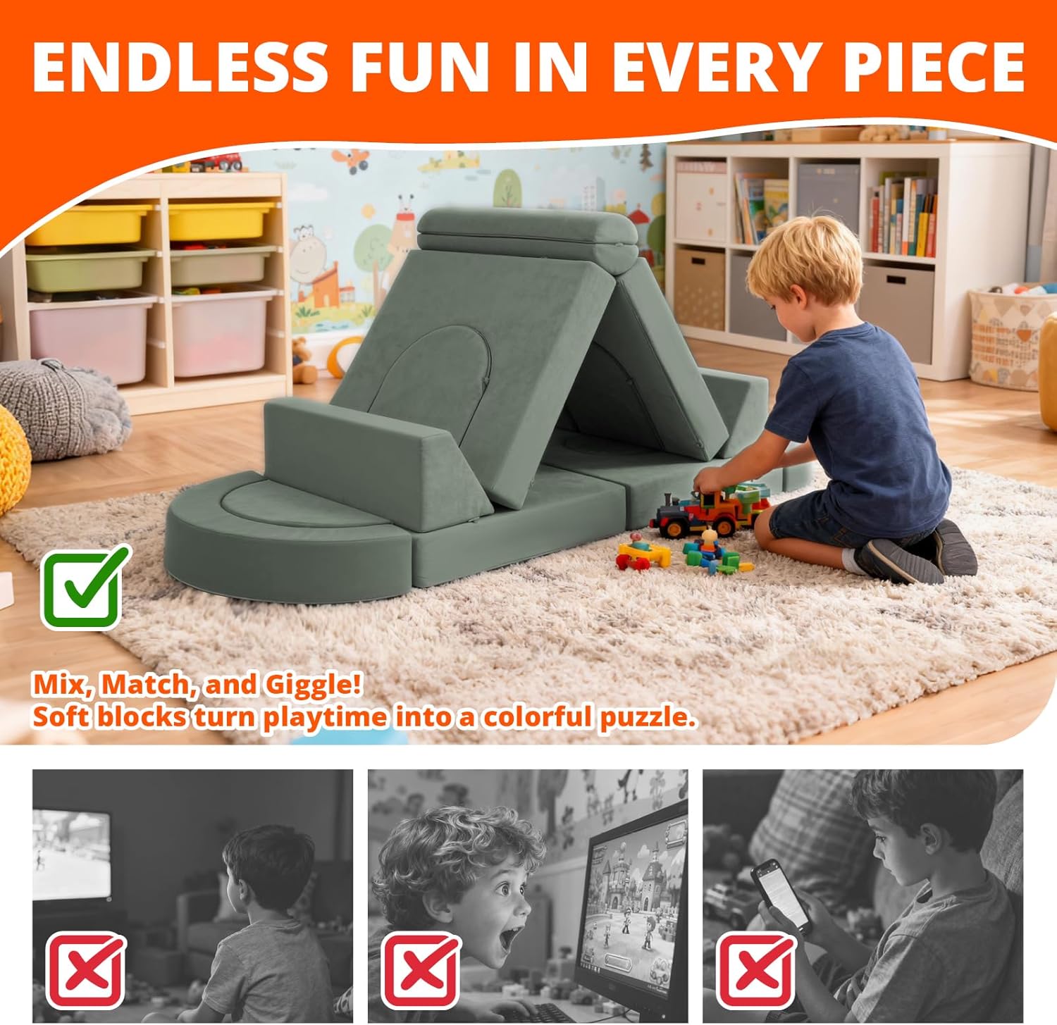 Image displaying a kid playing with a soft modular play furniture and text about it's details