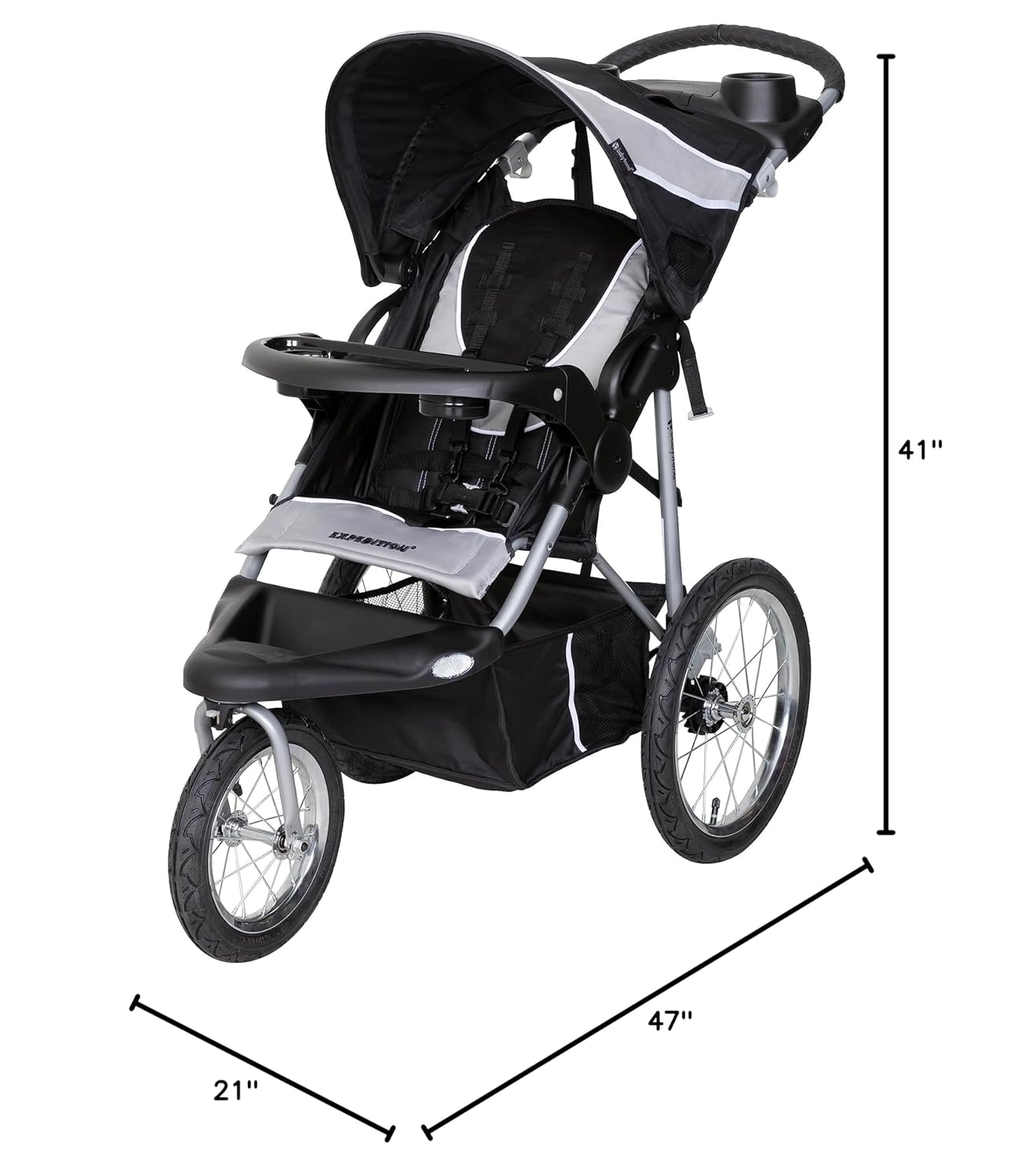 Image displaying a jogging stroller and it's dimensions