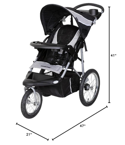 Image displaying a jogging stroller and it's dimensions