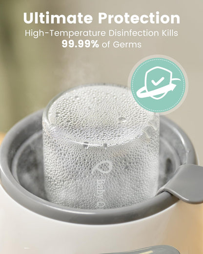 Image displaying a baby bottle warmer/sterilizer and text about it's details