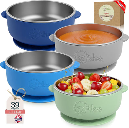 Set of BPA-free baby suction bowls made from stainless steel and food-grade silicone, ideal for toddlers and babies.