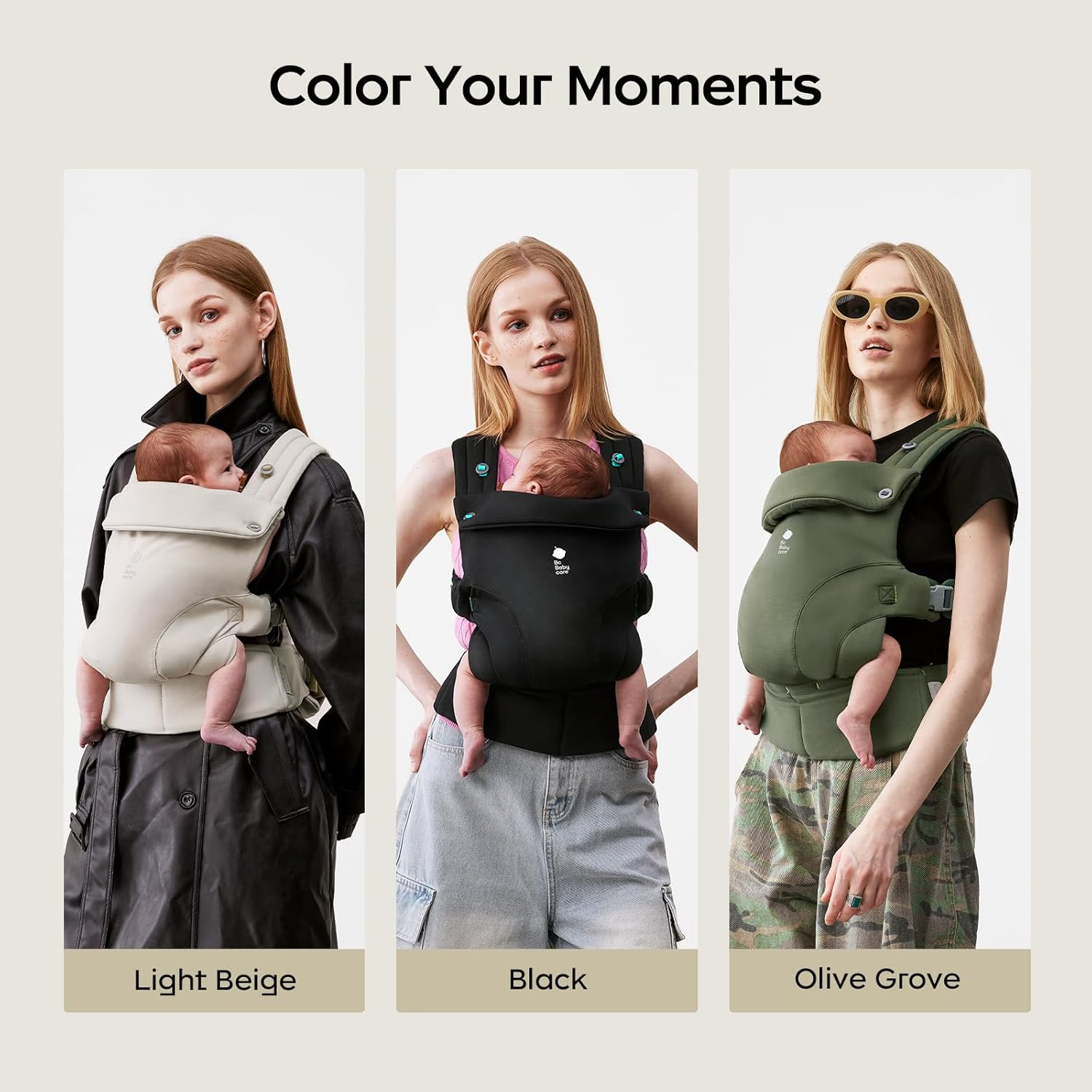 Image displaying a baby in a baby carrier and text about it's details