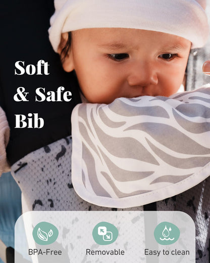 Image displaying a baby in a baby carrier and text about it's details