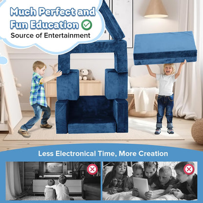 Image displaying a kid playing with a soft modular play furniture and text about it's details