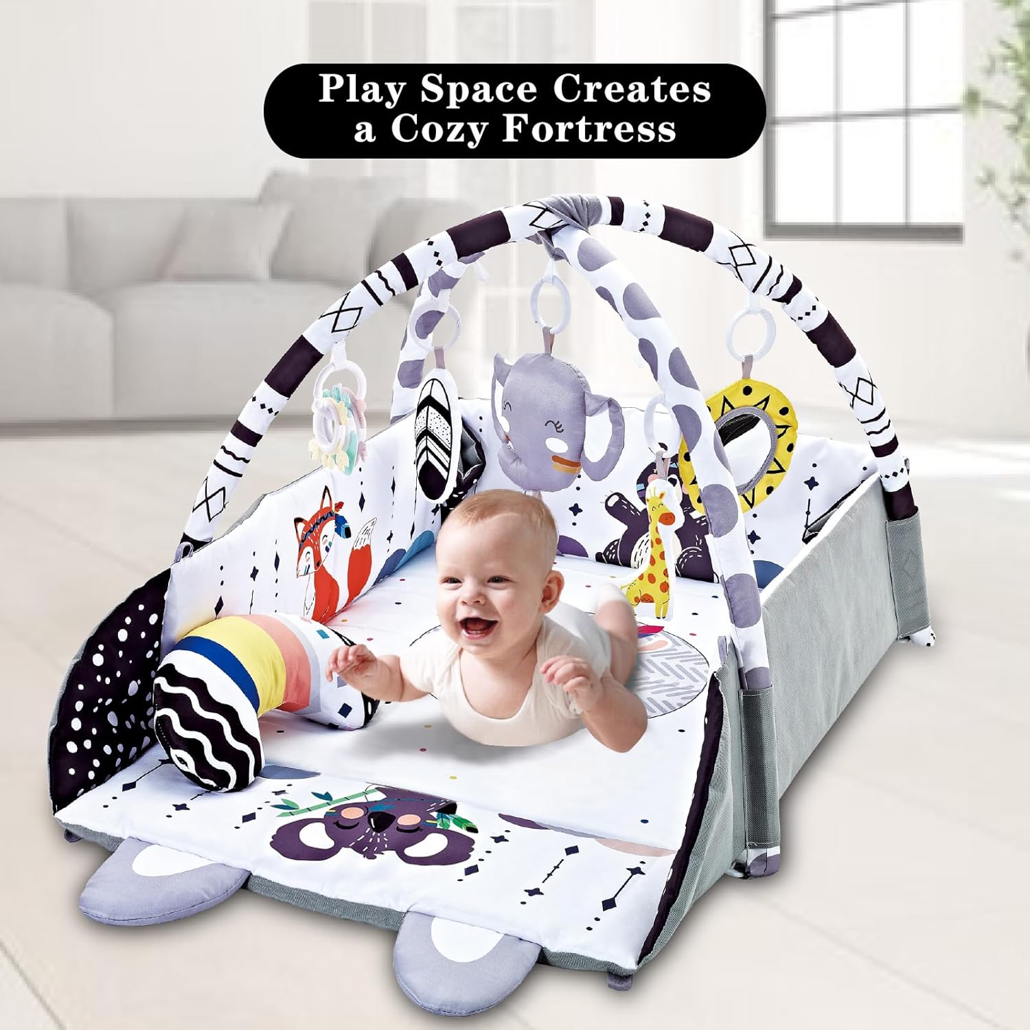 Image displaying a baby with a Baby activity play set and text about it's details