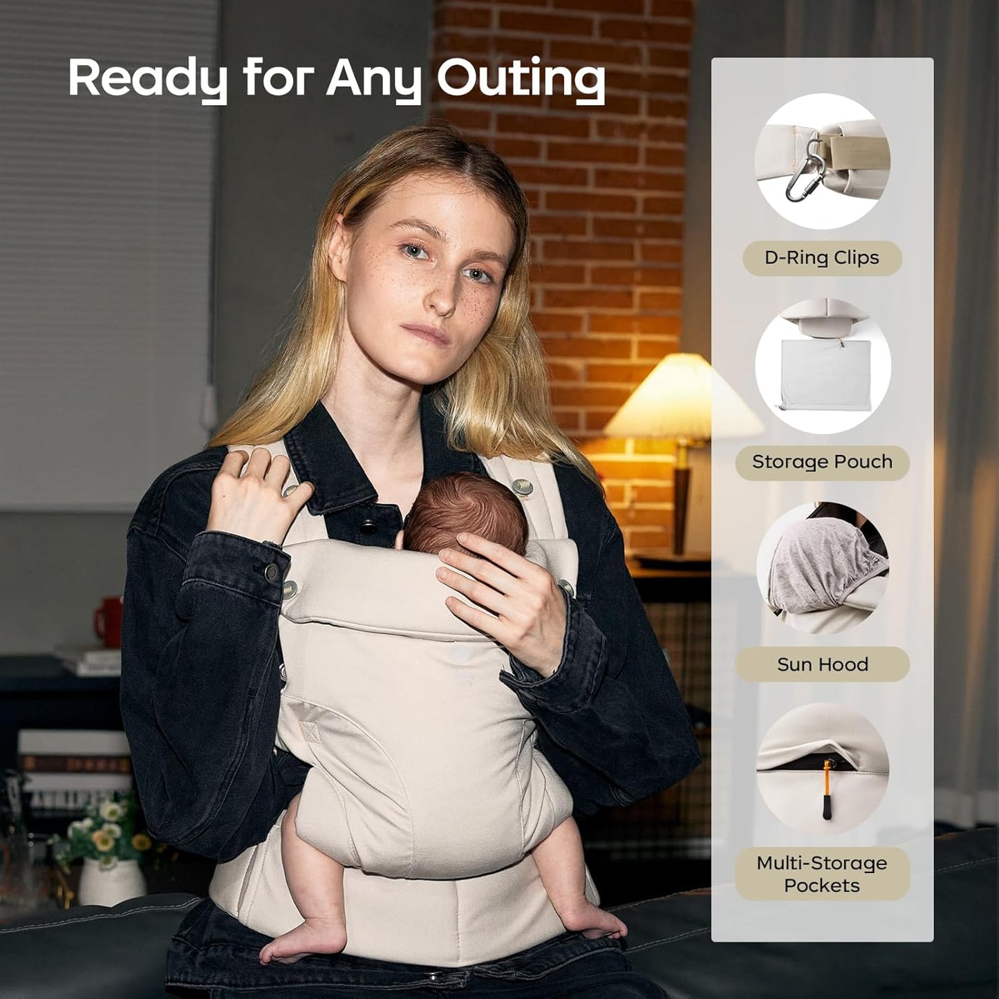 Image displaying a baby in a baby carrier and text about it's details