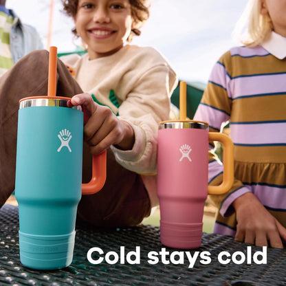 Image displaying a kid holding a tumbler and text about it's details