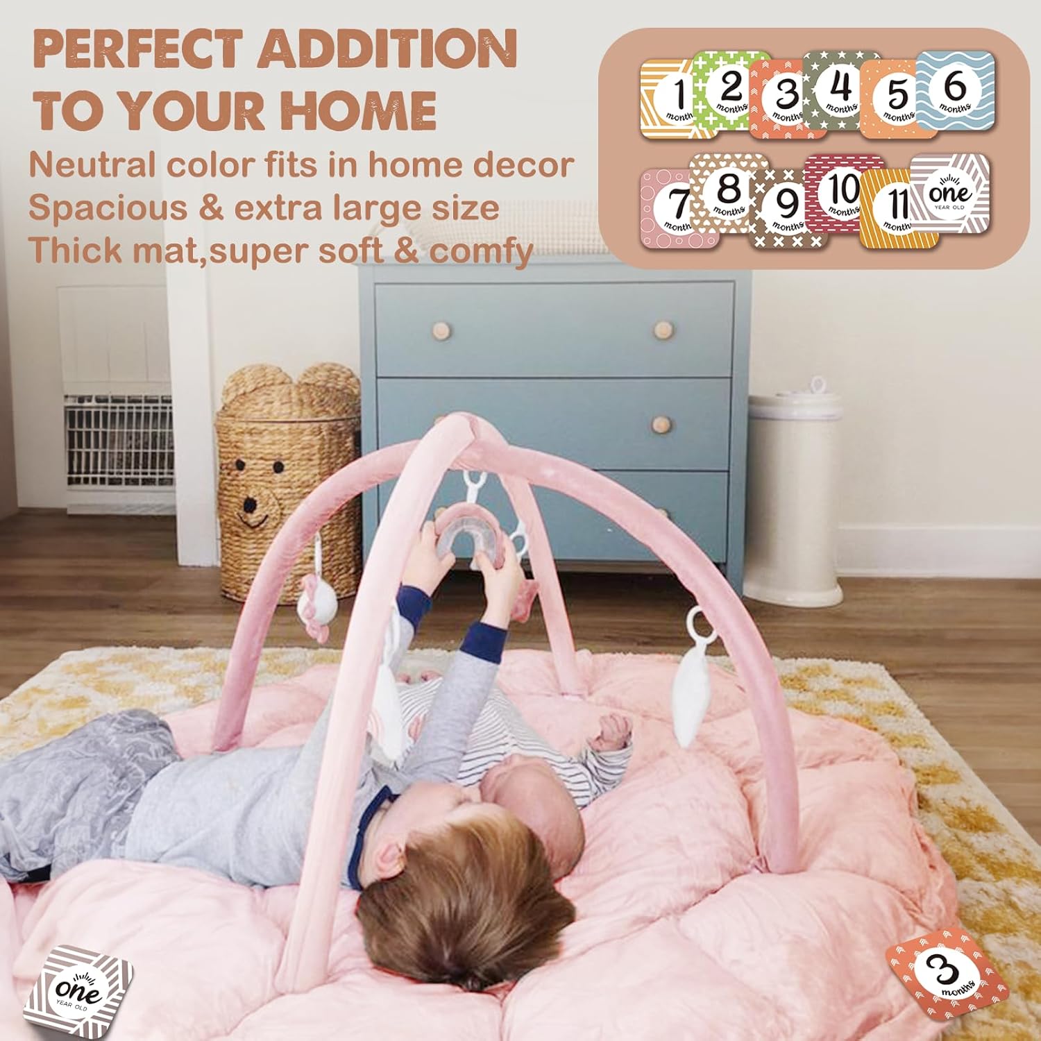 Image displaying a baby with a Baby activity play set and text about it's details