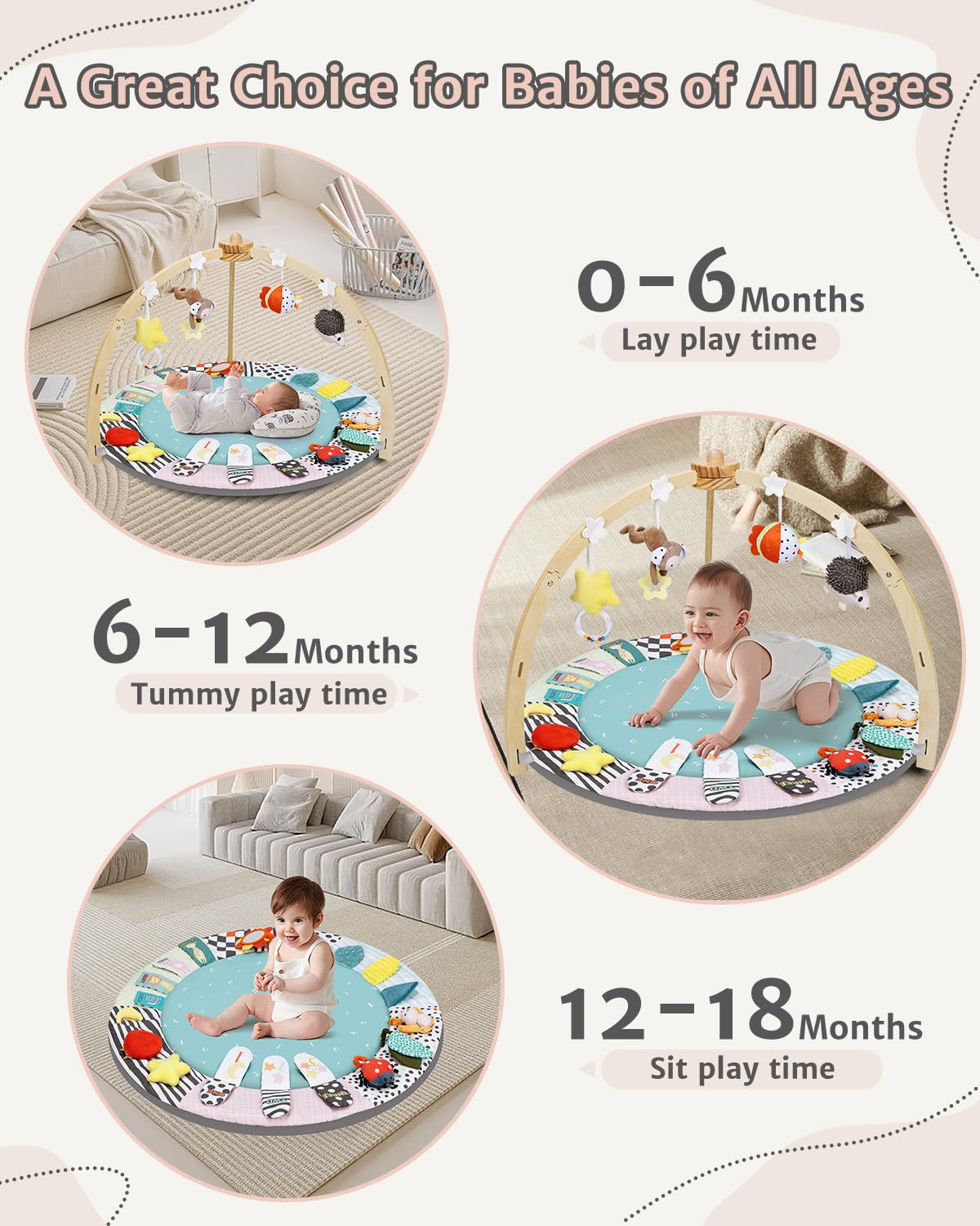 Image displaying a baby with a Baby activity play set and text about it's details
