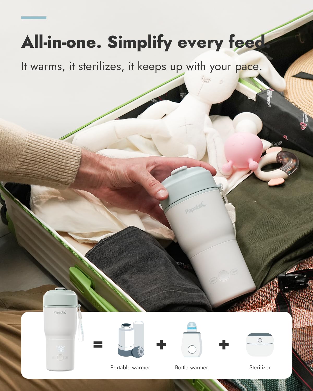 Image displaying a baby bottle warmer/sterilizer and text about it's details