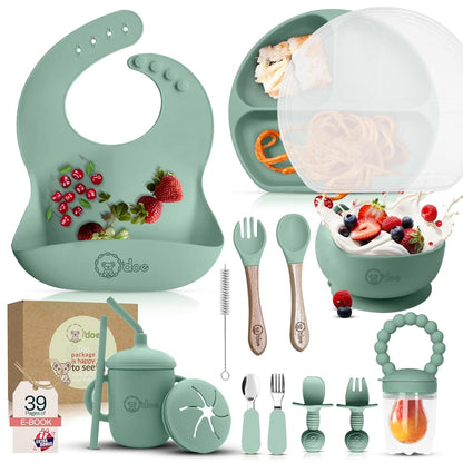 O'doe 17-Piece BPA-Free Silicone Baby Feeding Set | Thick & Soft Suction Plates, Baby Bowls, Wooden Fork & Spoon, and More