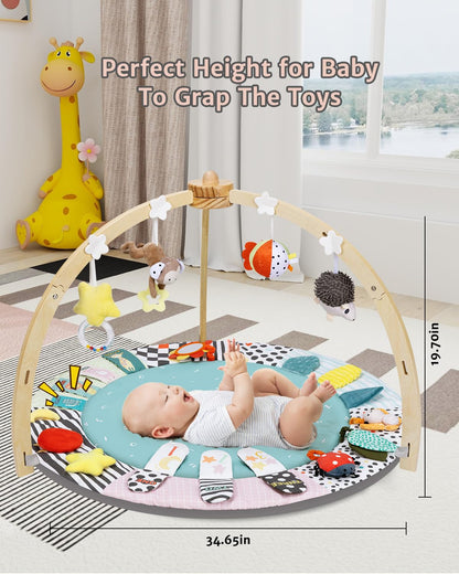 Image displaying a baby with a baby activity playing set and it's dimensions