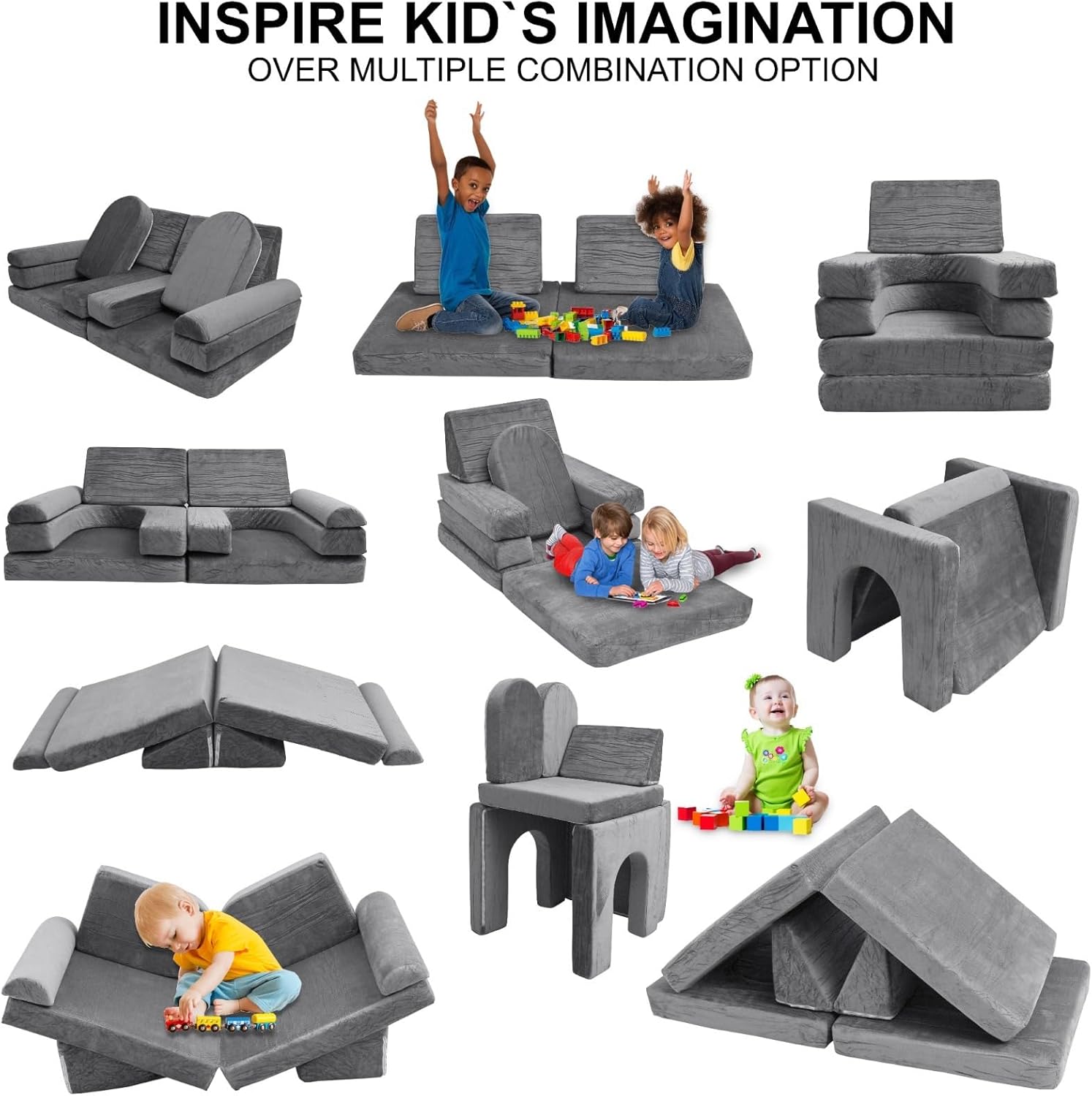 Image displaying a kid playing with a soft modular play furniture and text about it's details