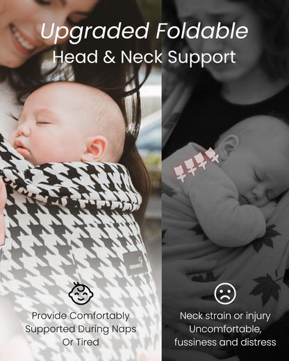 Image displaying a baby in a baby carrier and text about it's deetalis 