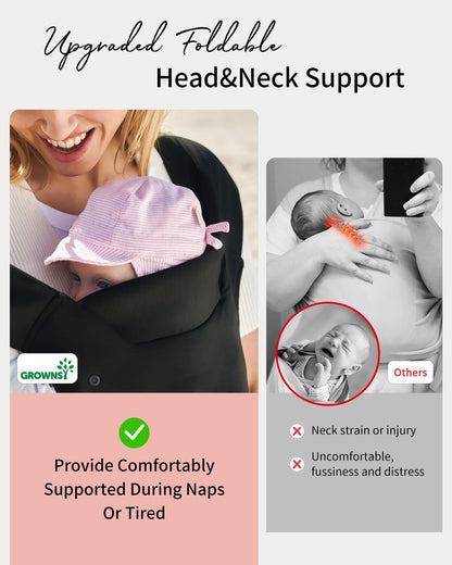 Image displaying a baby in a baby carrier and text about it's deetalis 