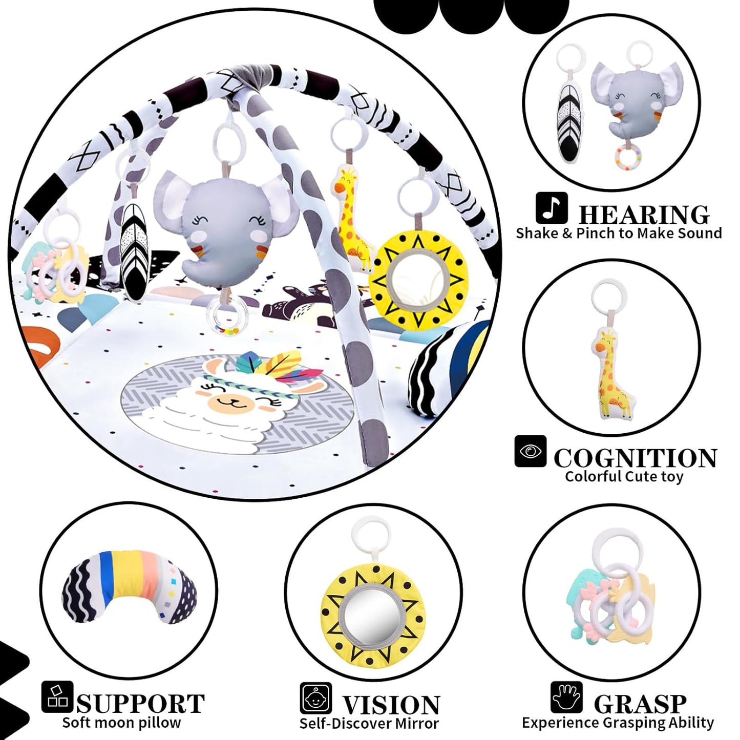 Image displaying a baby with a Baby activity play set and text about it's details